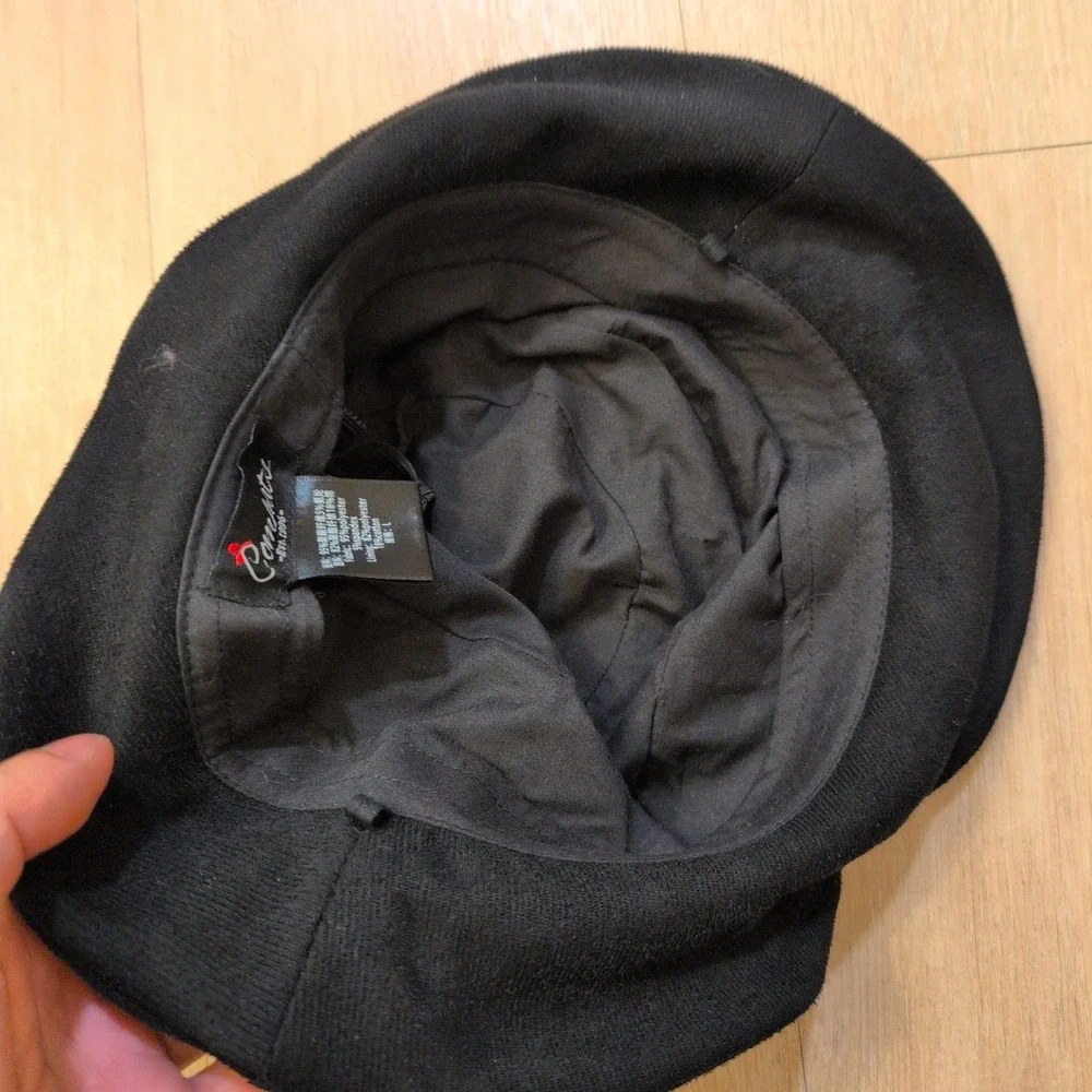 Comhats Black Cloche Bucket Hat Ruched Bow Gold Logo Charm Women Large